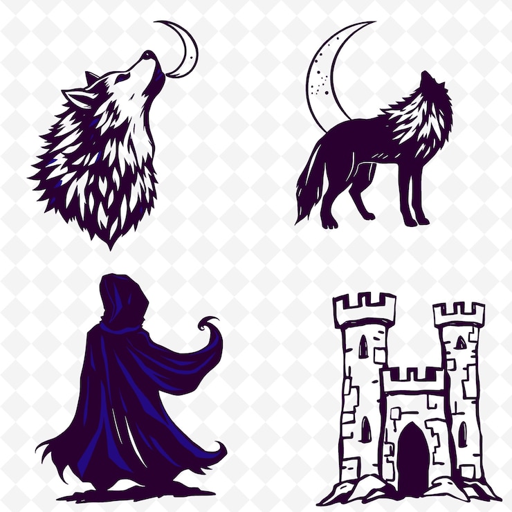 PSD um conjunto de imagens com um lobo e um castelo na parte superior