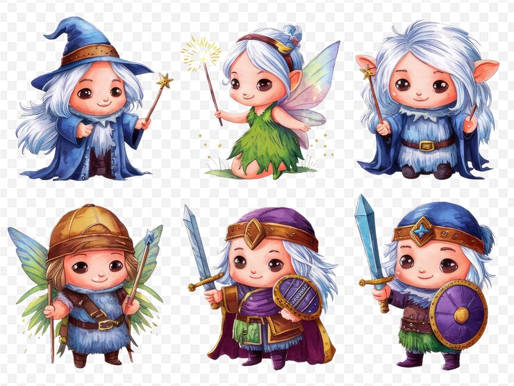 PSD um conjunto de imagens de uma pequena fada com uma espada e um escudo