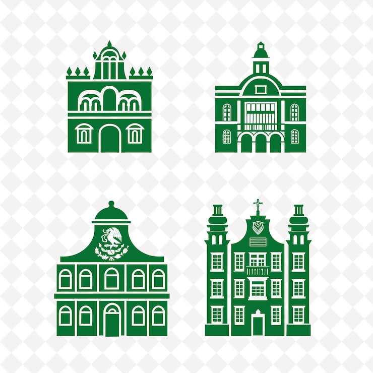 PSD um conjunto de imagens verdes e brancas de um edifício com uma cruz no topo