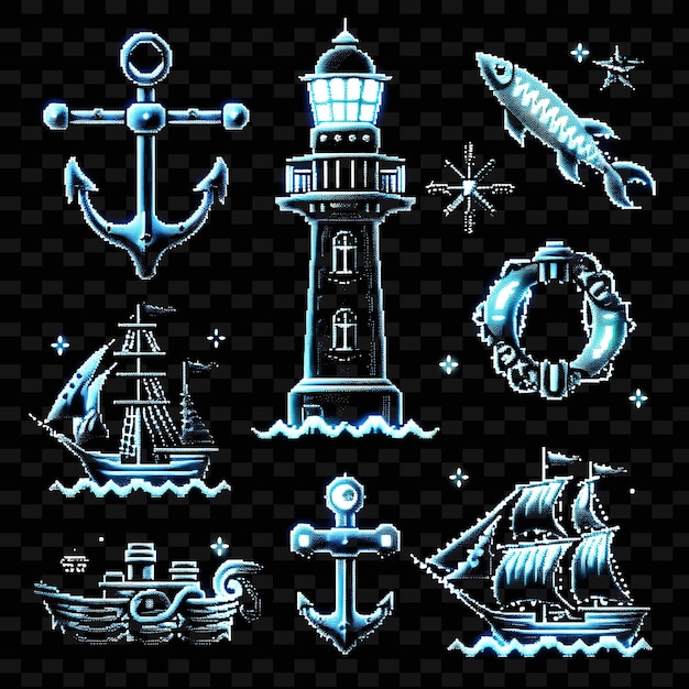 PSD um conjunto de itens com temática náutica, incluindo um farol e um navio