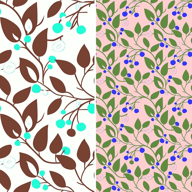 um conjunto de padrões diferentes com bagas azuis e folhas verdes