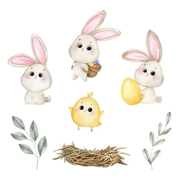 Um conjunto de Páscoa com coelhos, frango e folhas.
