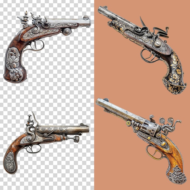 Um conjunto de pistolas de pedra isoladas em fundo transparente
