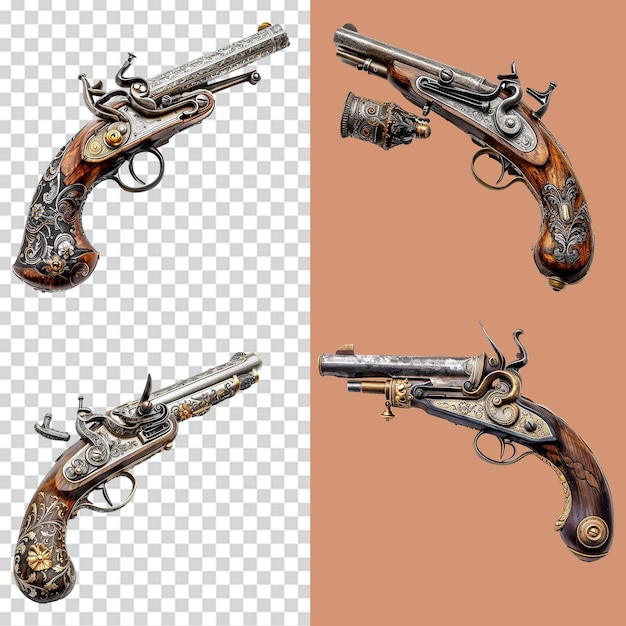 Um conjunto de pistolas de pedra isoladas em fundo transparente
