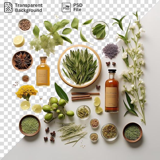 Um conjunto de preparação de ervas medicinais com uma variedade de ervas e especiarias, incluindo folhas verdes, flores amarelas e brancas, uma pequena tigela castanha, uma garrafa de vidro e um limão amarelo.