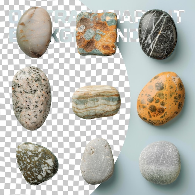 PSD um conjunto de rochas de cores diferentes com um fundo branco com algumas rochas diferentes