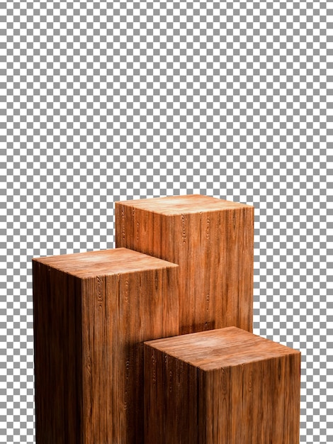 Um conjunto de três cubos de madeira isolados em fundo transparente