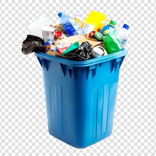 Um contentor de reciclagem azul cheio de garrafas de plástico, latas e resíduos de papel.