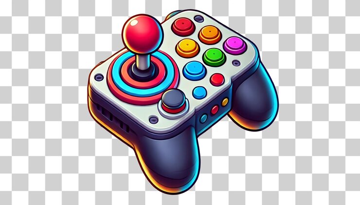 PSD um controlador de jogo de computador com um botão azul e vermelho