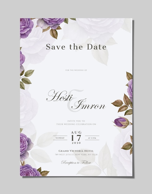 um convite de casamento com flores roxas e brancas e uma flor roxa