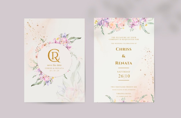 Um convite de casamento com um desenho floral e letras douradas.