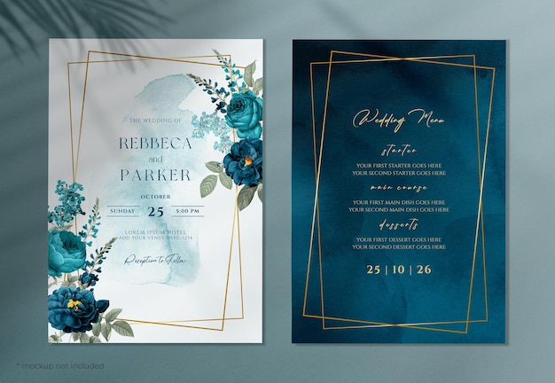 PSD um convite de casamento em aquarela com flores azul marinho e azul-petróleo