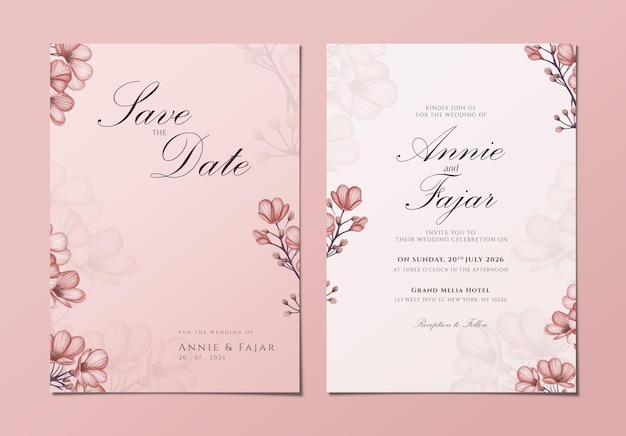 um convite de casamento rosa e branco com flores no topo