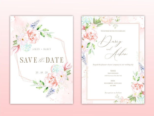 Um convite de casamento rosa e branco com um design floral.