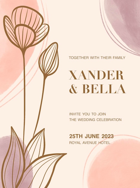 PSD um convite de casamento rosa e dourado com flores.