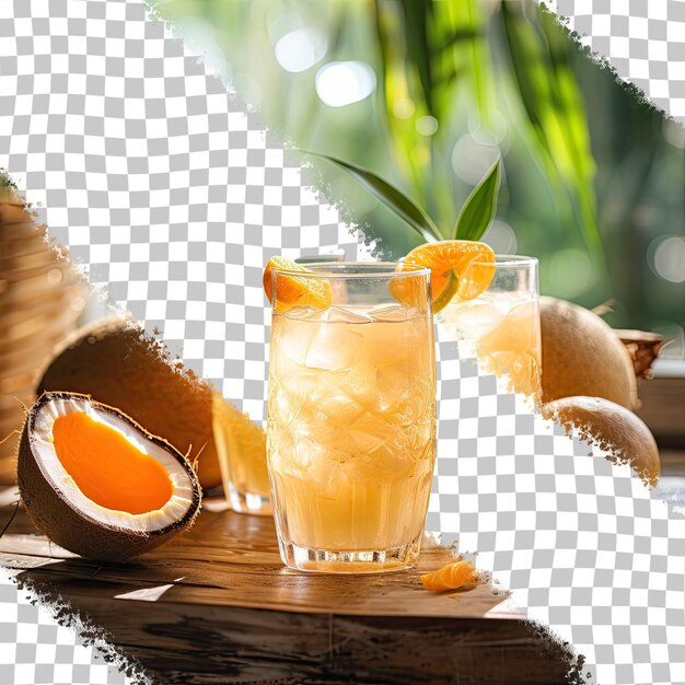 PSD um copo de água de coco com sabor orgânico de laranja cercado por cocos em uma mesa de fundo transparente