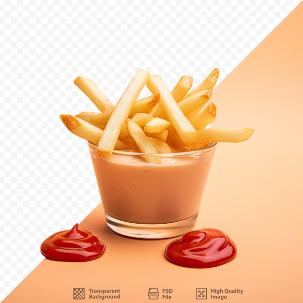 Um copo de batatas fritas e ketchup com uma xícara de ketchup.