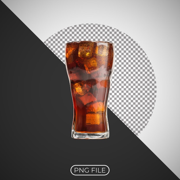 Um copo de cola cheio de cubos de gelo.