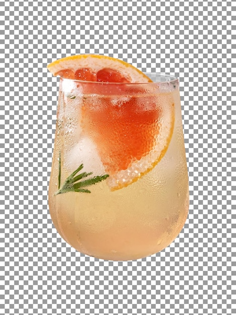 Um copo de coquetel de laranja com uma fatia de alecrim no fundo transparente
