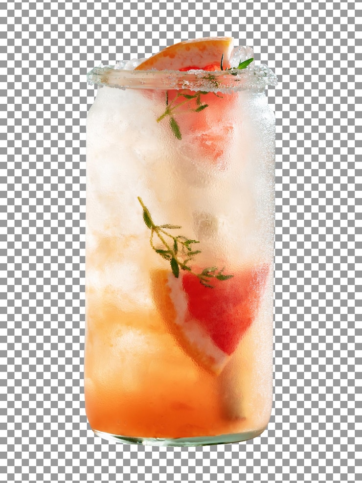 PSD um copo de coquetel de toranja com gelo e uma fatia de toranja em fundo transparente