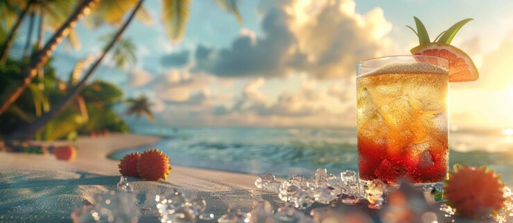 PSD um copo de coquetel tropical em uma praia com um pôr-do-sol e palmeiras ao fundo