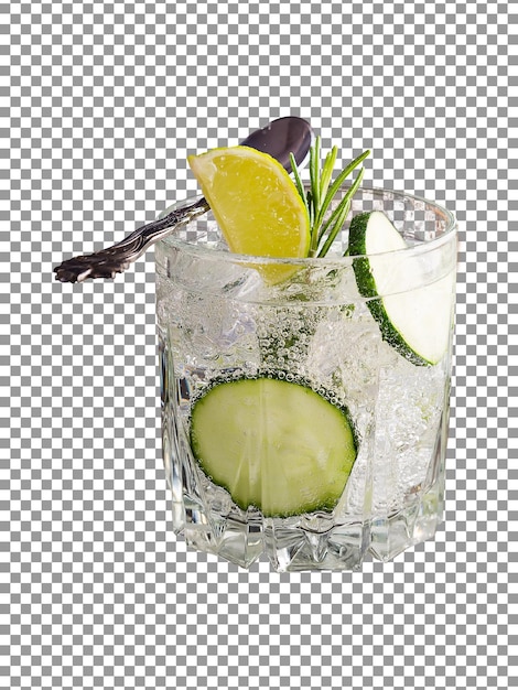Um copo de limonada com pepino em fundo transparente