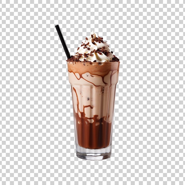 Um copo de milkshake de chocolate com chocolate em um fundo transparente