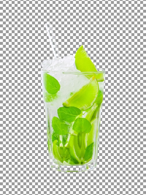 Um copo de mojito de menta com um canudo em fundo transparente