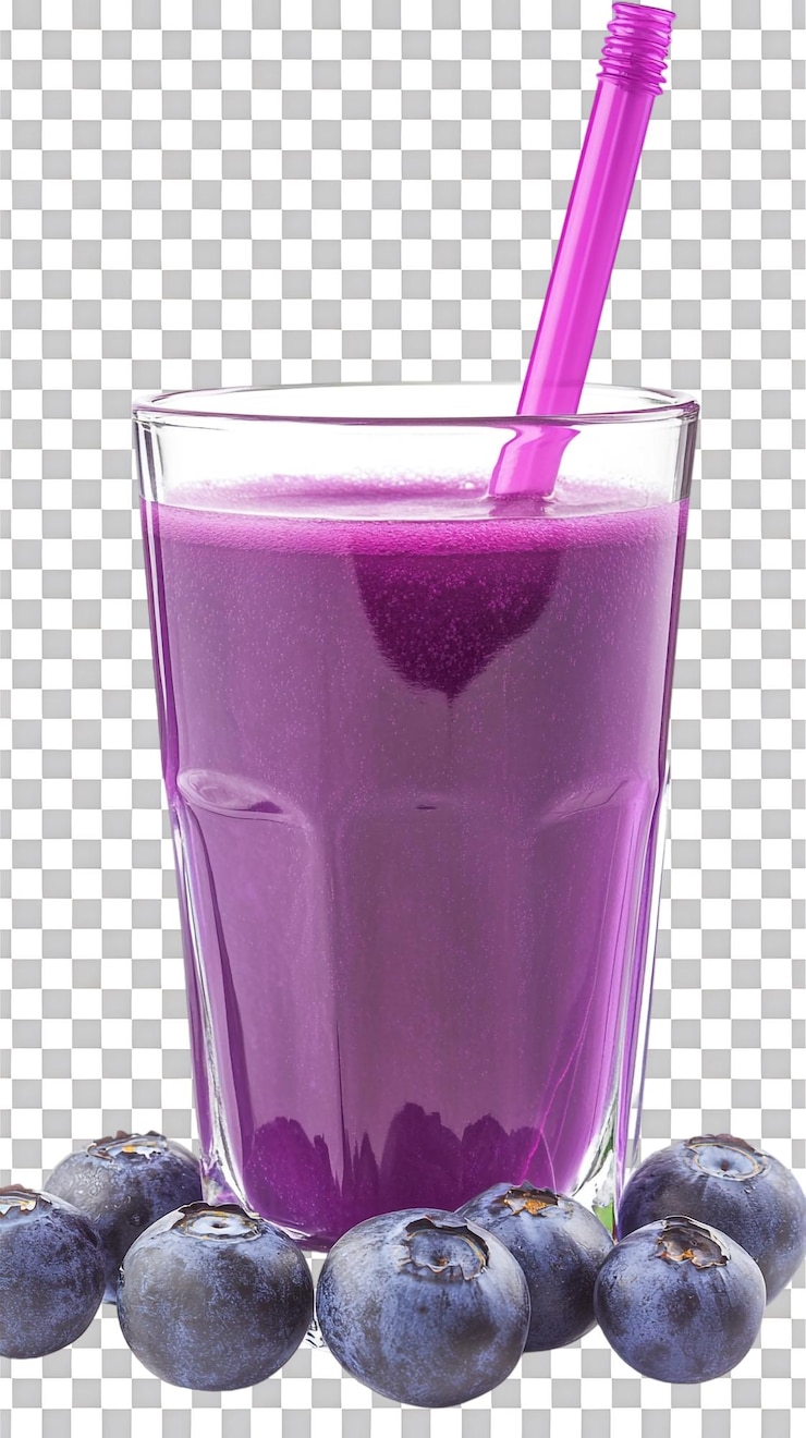 PSD um copo de suco roxo é colocado contra um fundo transparente