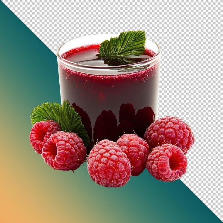 PSD um copo refrescante de suco de framboesa com framboesas frescas