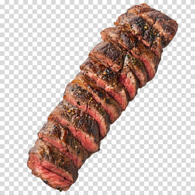 um corte de bife é mostrado em um fundo transparente