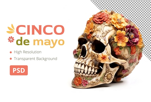 PSD um crânio mexicano com flores coloridas nele