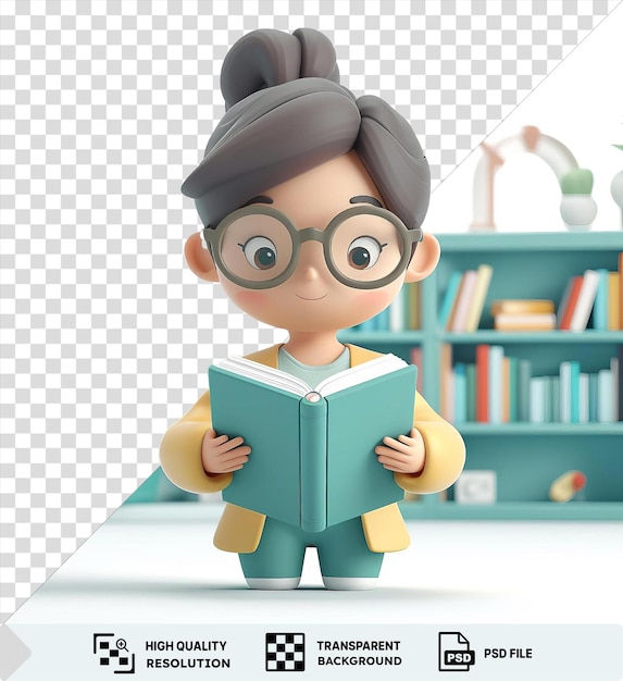 Um curioso personagem de desenho animado bibliotecário 3d mergulhando no conhecimento com óculos e livro psd png