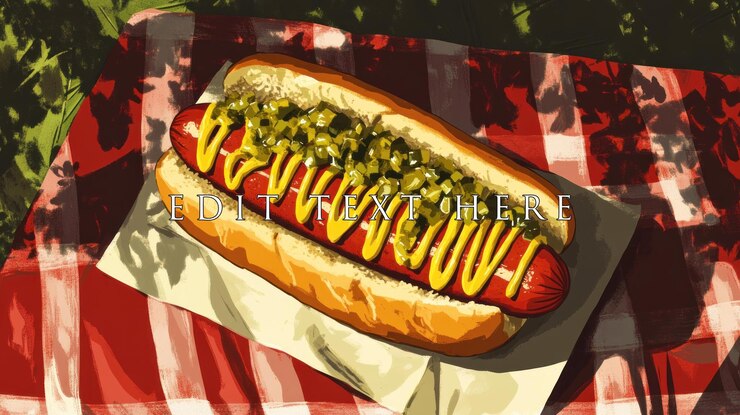 PSD um delicioso cachorro-quente com mostarda e sabores num cobertor de piquenique.