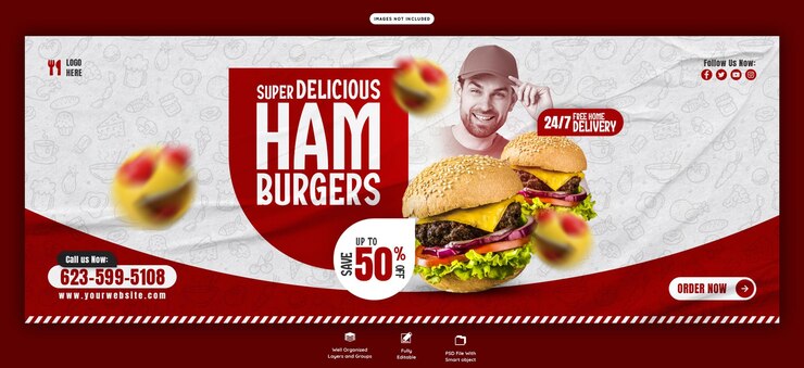 PSD um delicioso menu de hambúrgueres e comida no facebook.