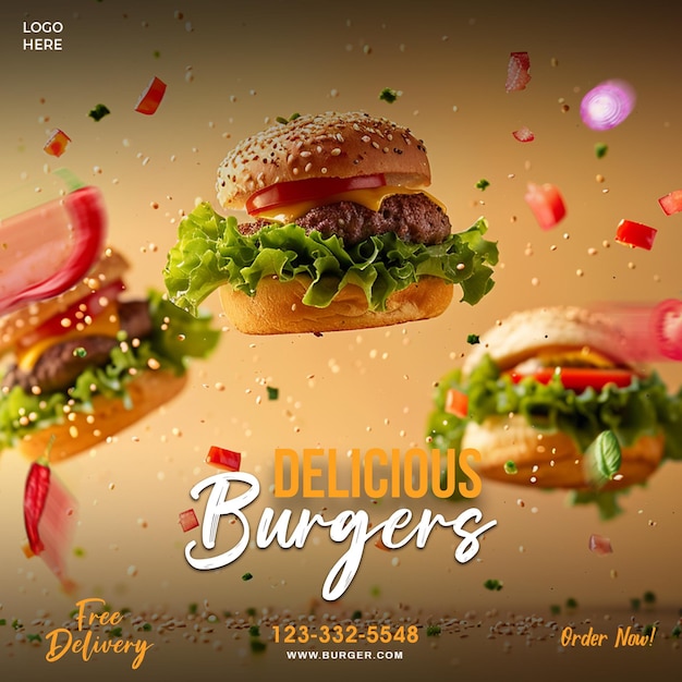 PSD um delicioso menu de hambúrgueres e comida, um modelo de postagem de mídia social psd