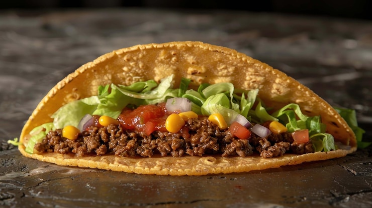 PSD um delicioso taco com carne moída, alface, tomates, cebolas e milho.