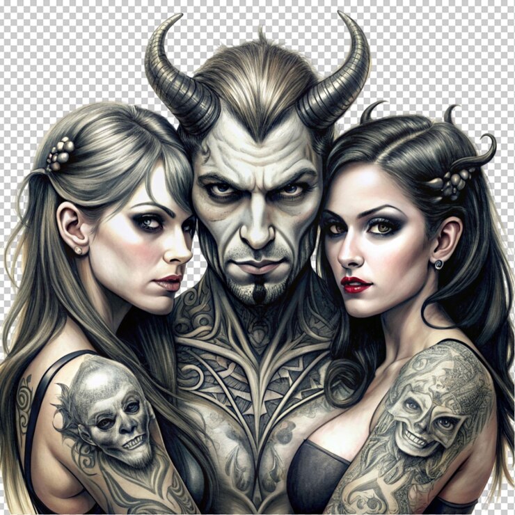 PSD um demónio de desenho de tatuagem com duas raparigas góticas.