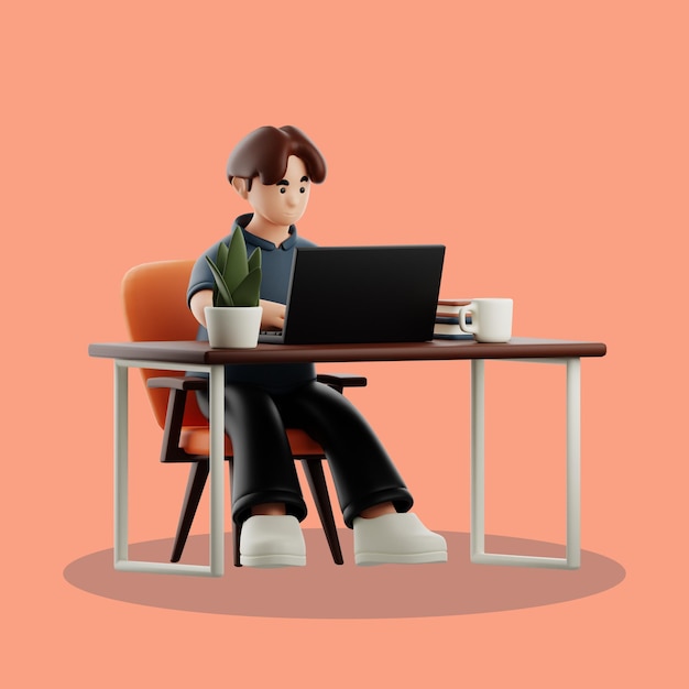Um desenho animado 3D de um homem trabalhando em um laptop em uma mesa