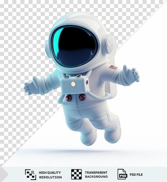 PSD um desenho animado de astronauta 3d flutuando na vastidão do espaço com um braço branco e um brinquedo visíveis em primeiro plano.
