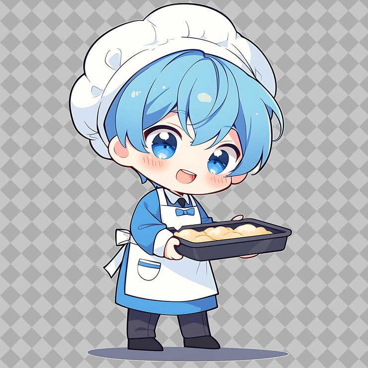 PSD um desenho animado de um cozinheiro com uma bandeja de comida