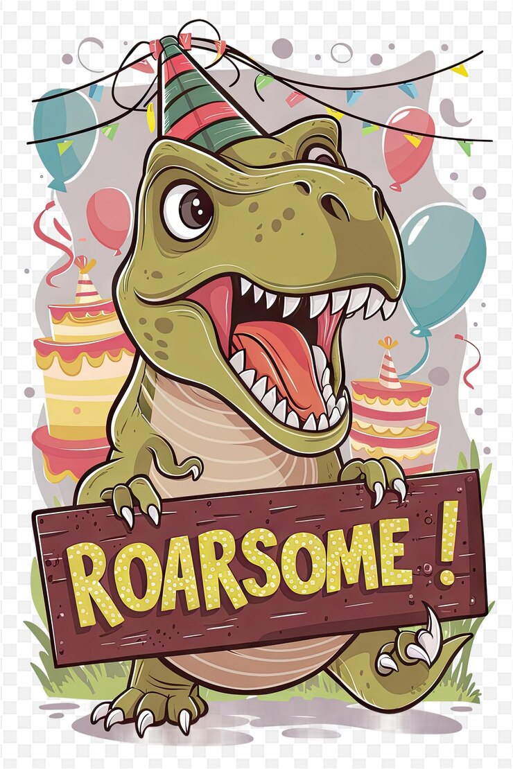 PSD um desenho animado de um dinossauro com um sinal dizendo leões