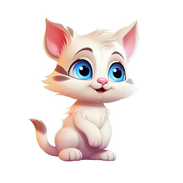 Um desenho animado de um gato branco com olhos azuis fica sobre um fundo branco.