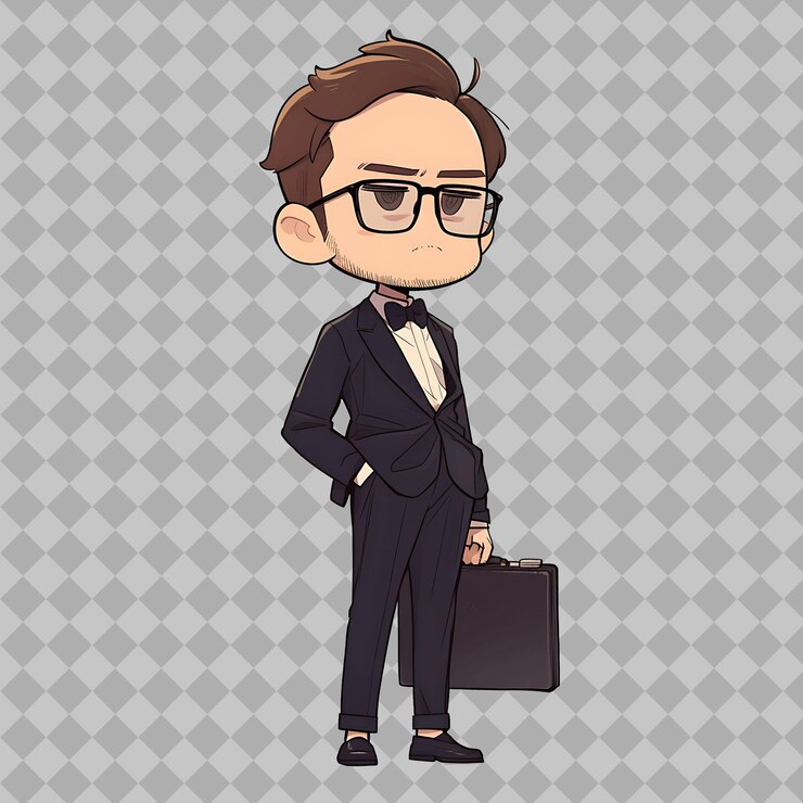 PSD um desenho animado de um homem com óculos e um terno na cabeça