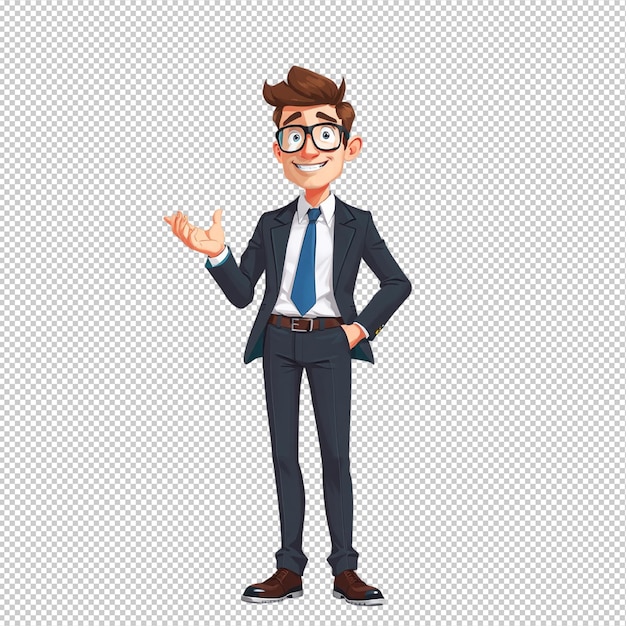 um desenho animado de um homem de terno e gravata com uma mão apontando para algo