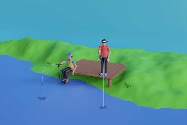 Um desenho animado de um homem e uma mulher em uma doca com varas de pesca