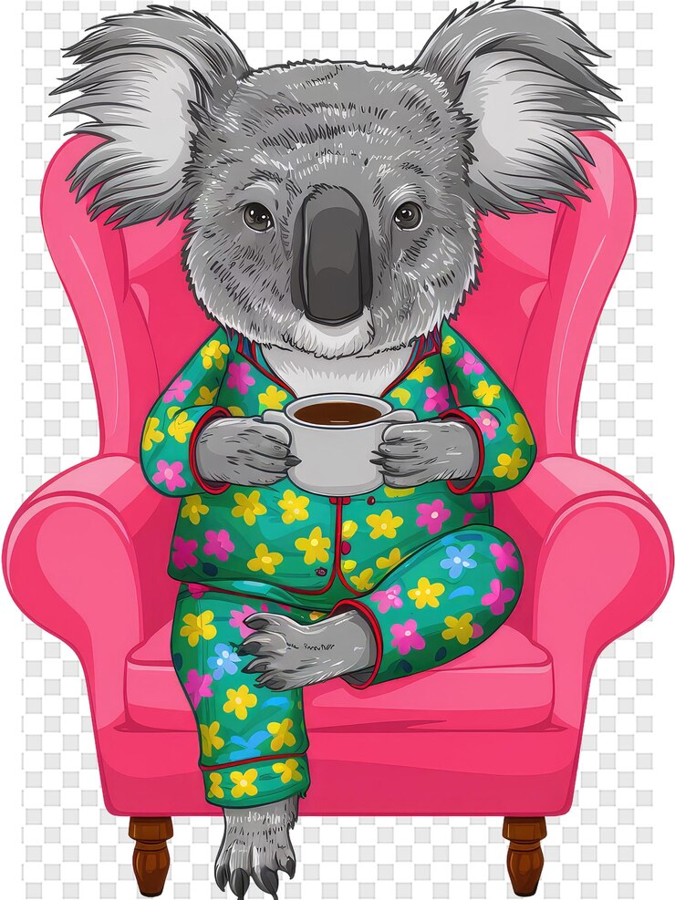 PSD um desenho animado de um koala com uma chávena de café e uma imagem de desenho gráfico de um koalas bebendo café
