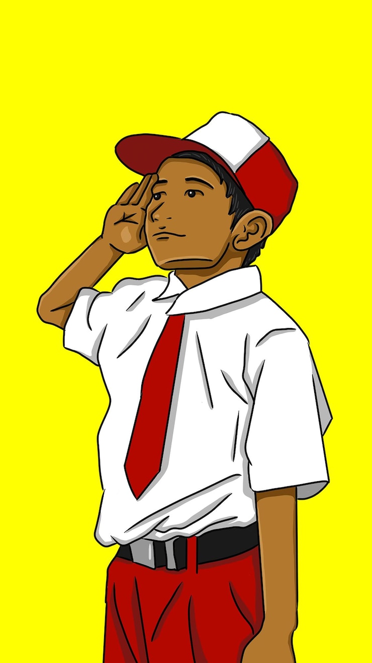 PSD um desenho animado de um menino vestindo um chapéu vermelho dan uniforme da escola primária indonésia saudar a bandeira