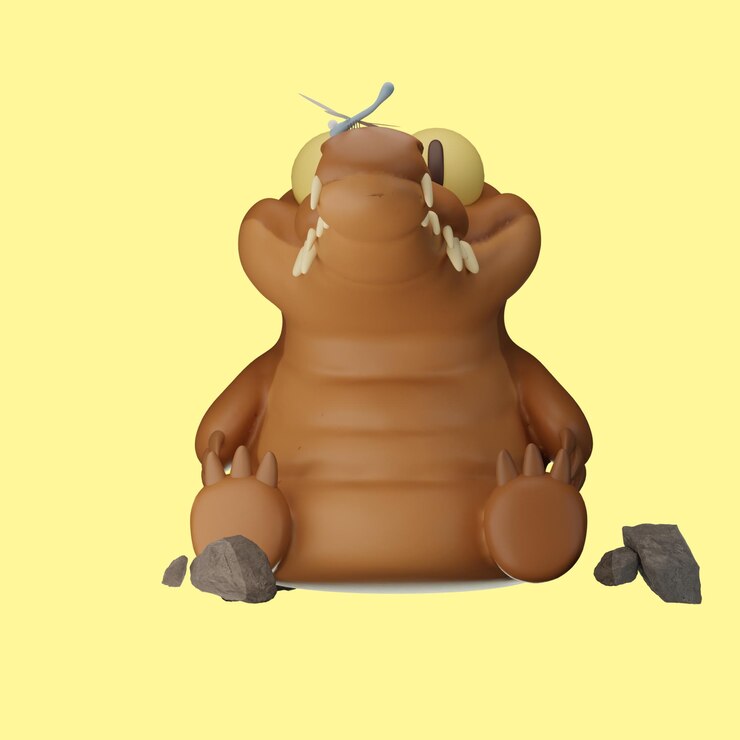 PSD um desenho animado de um monstro castanho com um bastão branco no meio