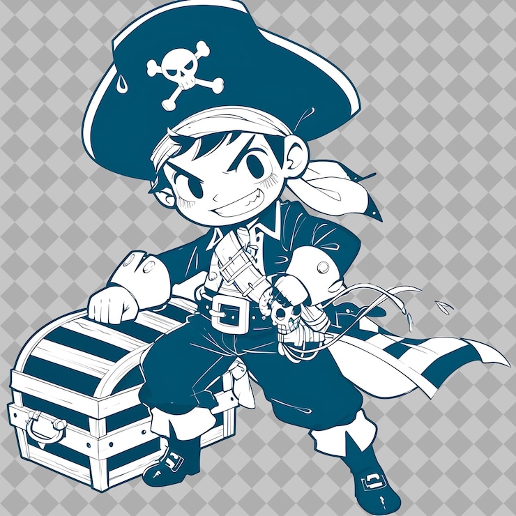 PSD um desenho animado de um pirata com uma caixa que diz pirata